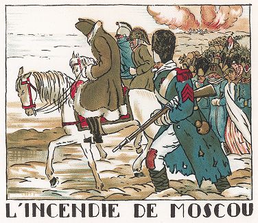 Наполеон покидает горящую Москву. Pictorial History of Napoleon by Andre Collot, 1930. 
