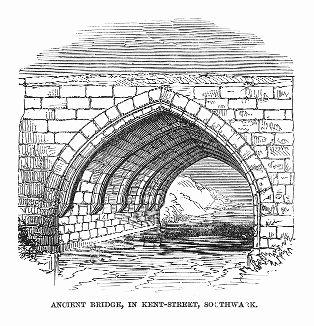 Древний мост с луковичной аркой, расположенный на западном окончании улицы Кент--стрит в лондонском районе Саутуарк (The Illustrated London News №300 от 29/01/1848 г.)