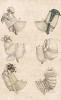Головные газовые косынки фишю, накинутые поверх соломенных шляпок, а также перкалевые капоры. Из первого французского журнала мод эпохи ампир Journal des dames et des modes, Париж, 1813. Модель № 1340