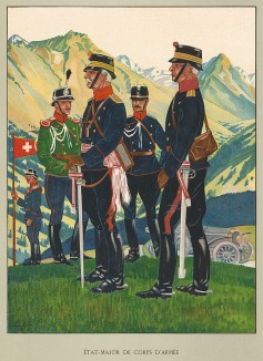 Униформа генерала и офицеров штаба армейского корпуса швейцарской армии во время Первой мировой войны. Notre armée. Женева, 1915