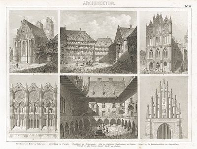 Площадь в Хальберштадте (рис. 1), Мариенкирхе в Пренцлау (2), ратуша в Тангермюнде (3), Ягеллонский университет (4), церковь Св. Екатерины в Брандербурге (5) и церковь Корпус Кристи в Кракове (6).  