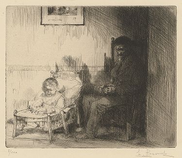 Старик и ребенок (Тот, кто пришел, и тот, кто уходит). Офорт Огюста Бруэ, 1922 год.