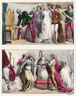 23 апреля 1348 г. Учреждение наиблагороднейшего ордена Подвязки королём Англии Эдуардом III (1312-77) (вверху). Бракосочетание Генриха I Боклерка (1068-1135) и Матильды Шотландской 11 ноября 1100 г. Милан, 1826