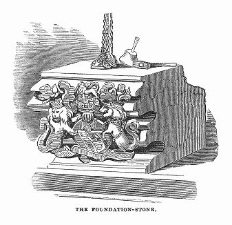 Фундаментный камень будущего госпиталя  для чахоточных больных, построенного в 1846 году в Лондоне на улице Фулхэм--роуд, заложенный в 1844 году Его Высочеством принцем Альбертом (The Illustrated London News №111 от 15/06/1844 г.)