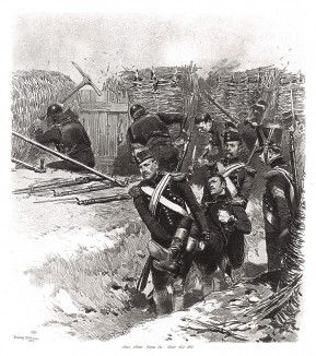 Французские сапёры эпохи наполеоновских войн на позициях (из Types et uniformes. L'armée françáise par Éduard Detaille. Париж. 1889 год)