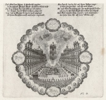 Храм в Иерусалиме во времена Соломона (из Biblisches Engel- und Kunstwerk -- шедевра германского барокко. Гравировал неподражаемый Иоганн Ульрих Краусс в Аугсбурге в 1700 году)