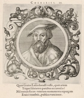 Янус Корнариус (1520--?), переводчик сочинений Гиппократа с древнегреческого на латынь (лист 39 иллюстраций к известной работе Medicorum philosophorumque icones ex bibliotheca Johannis Sambuci, изданной в Антверпене в 1603 году)