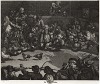 Петушиные бои, 1759. Сатира на популярную во времена Хогарта забаву – петушиные бои. В центре лорд Ольбемарль Берти, сорвавший банк. Он окружен дюжиной разгневанных простаков. Один из них потихоньку вытаскивает из шляпы лорда банкноту. Геттинген, 1854