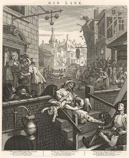Переулок джина, 1751. «Антиреклама» в поддержку Указа 1751 г., ограничивающего продажу джина. Несмотря на Указ 1736 г., простые граждане неумеренно употребляли джин всю первую половину XVШ века. Последствия были катастрофическими. Лондон, 1838