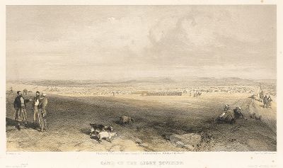 Панорама полевого лагеря английской бригады лёгкой пехоты близ Севастополя летом 1855 года. The Seat of War in the East by William Simpson, Лондон, 1856 год. Часть II, лист 11