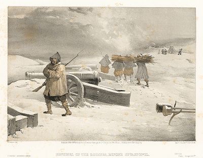 Французский зуав-караульный зимой 1855 года. The Seat of War in the East by William Simpson, Лондон, 1855 год. Часть I, лист 12
