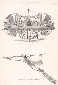 Воздухоплавательные аппараты: 1. Паровое летательное устройство Томаса Мо и 2. Планер Фредерика Уильяма Брери. 