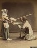 Кэндо. Фехтовальщики. Крашенная вручную японская альбуминовая фотография эпохи Мэйдзи (1868-1912). 