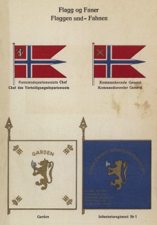 Флаги главного командования норвежской армии, знамя королевской гвардии и первого пехотного полка (лист 13 работы Den Norske haer. Organisasjon bevaebning, og uniformsbeskrivelse, изданной в Лейпциге в 1932 году)