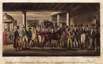 Визит в Таттерсел. Джери высказывает Тому свое мнение относительно приобретения лошади на аукционе. Акватинта Джорджа Крукшенка. Лондон, 1821