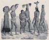 Ритуальные одежды и маски полинезийцев племени текура (лист 56 второго тома работы профессора Шинца Naturgeschichte und Abbildungen der Menschen und Säugethiere..., вышедшей в Цюрихе в 1840 году)