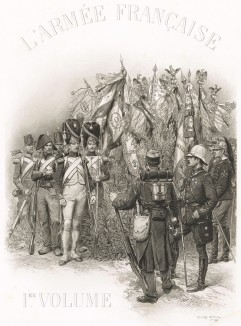 Фронтиспис первого тома Types et uniformes. L'armée françáise par Éduard Detaille, изображающий французскую пехоту 1780-х -- 1880-х годов (Париж. 1889 год)