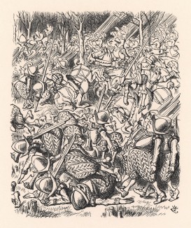 Вскоре по всему лесу солдаты валялись кучами (иллюстрация Джона Тенниела к книге Льюиса Кэрролла «Алиса в Зазеркалье», выпущенной в Лондоне в 1870 году)