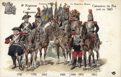 1750-1911 гг. Мундиры и знамена 8-го кирасирского полка французской армии, сформированного в 1665 г. и сражавшегося при Флерюсе, Ваграме, Бородино и Ганау. Коллекция Роберта фон Арнольди. Германия, 1911-29