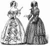 Элегантное креповое платье с атласными бантами, открывающее шею и плечи (слева), шнурованное шёлковое платье в полоску, отделанное галуном (справа) -- парижская мода, апрель 1844 года (The Illustrated London News №100 от 30/03/1844 г.)