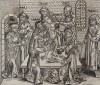 Ритуальное жертвоприношение мальчика Симона в Триенте в 1475 или в 1485 г. Ритуал был своего рода имитацией мук Христа. Симон был причислен к лику святых. На обороте текст и две миниатюрные гравюры 