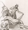 Сатир и вакханка. Фреска из Геркуланума. Бубен на первом плане фрески намекает на то, что отдыхающая в уединённом месте вакханка ждала сатира и весьма рада его нескромному интересу к её прелестям.