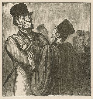 "Месье, я тот самый муж, которого Вы так всесторонне высмеивали в своей речи...Вам все еще весело? " Литография Оноре Домье из серии "Au Palace", 1866 гг. 