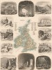 Карта Великобритании и Ирландии, а также 12 картушей, гравированных на стали в 1862 году, с изображениями жителей, животных, пейзажей и памятных мест Британских островов. Illustriter Handatlas F.A.Brockhaus.Лист 12. Лейпциг, 1863