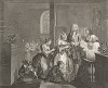 Карьера мота, гравюра V. «Женитьба на старой деве», 1735. Быстро промотав наследство, молодой человек решает поправить положение браком по расчету. Ради денег он женится на богатой старой деве. Лондон, 1838