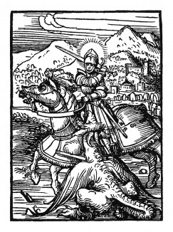 Георгий Победоносец, поражающий змия. Иллюстрация Ганса Бургкмайра к Taschenbuchlein. Издатель Hans Otmar, Аугсбург, 1510