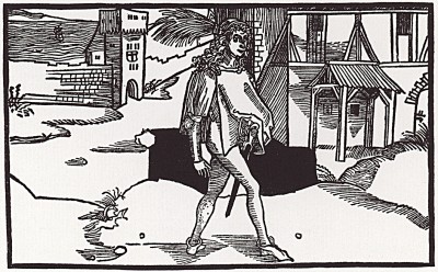 Задумавшись, Федрия проходит мимо своего дома (иллюстрация к акту 4, сцене 2 комедии Теренция "Евнух")