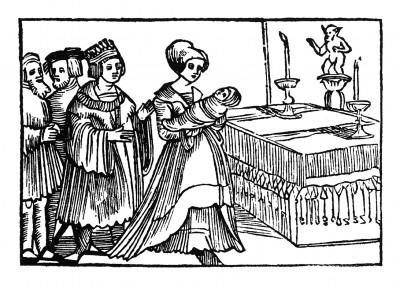Наречение младенца именем Офферус (первое имя святого Христофора). Из "Жития Святого Христофора" (S. Christops Geburt und Leben) неизвестного немецкого мастера. Издал Johann Weyssenburger, Ландсхут, 1520. 