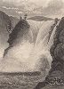 Водопад на реке Гёта-Эльв в Швеции. Meyer's Universum, Oder, Abbildung Und Beschreibung Des Sehenswerthesten Und Merkwurdigsten Der Natur Und Kunst Auf Der Ganzen Erde, Хильдбургхаузен, 1839 год.