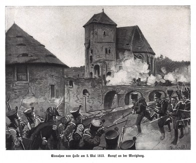 Прусская пехота в сражении при Лютцене/Гросс-Гершене 2 мая 1813 г. Илл. Рихарда Кнотеля, Die Deutschen Befreiungskriege 1806-15. Берлин, 1901