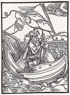 Дурак на тонущем корабле (иллюстрация к главе 109 книги Себастьяна Бранта "Корабль дураков", гравированная Дюрером в 1494 году)