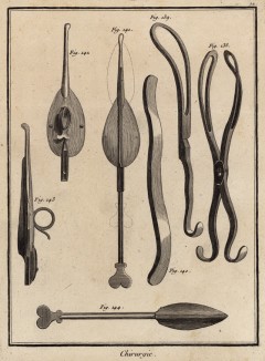 Хирургия. Акушерские хирургические инструменты (Ивердонская энциклопедия. Том III. Швейцария, 1776 год)