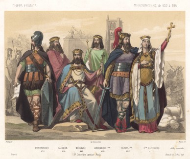 Франкские короли: Фарамонд (420 - 428); Хлодион (428 - 447); Меровей (448 – 458); Хильдерик I (458 – 481); Хлодвиг I (481 – 511) с супругой Клотильдой