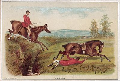 Рождественская открытка с изображением охотника, упавшего с лошади во время охоты.