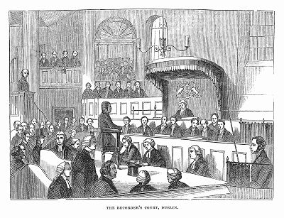 Судебный процесс над ирландским политическим деятелем Дэниэлом О’Коннеллом (1775 -- 1847 гг.), обвиняемым в организации ряда митингов против британо-ирландской унии (The Illustrated London News №94 от 17/02/1844 г.)
