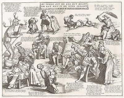 Голландская сатира на людей, участвовавших во фьючерсных торговых спекуляциях 1720 года  (windhandel - "торговля воздухом"). Лист из серии "Сцены величайшей глупости".