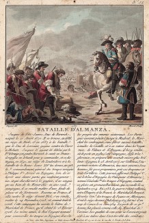 Война за испанское наследство 1701-14 гг. Маршал Франции Джеймс Фитцджеймс, 1-й герцог Бервик (1670- 1734) берет в плен десять тысяч англичан в сражении при Альмансе 25 апреля 1707 г. Париж, 1787