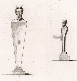 Две гермы. Высота изображений соответствует оригиналам. №1.Бронзовая голова Пана установлена на мраморной герме с рельефными гениталиями из бронзы. №2.Гротескная бронзовая фигура Приапа.