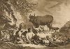 Cатиры и вакханки, стерегущие стада. Инкунабула акватинты работы Жана-Батиста Лепренса 1768 года, отпечаток бистром. 
