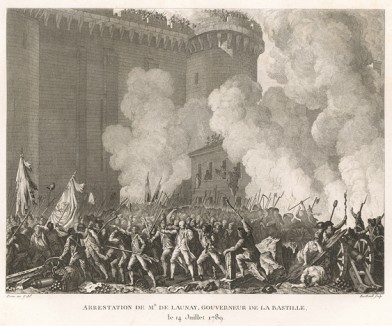 Арест де Лоне, коменданта Бастилии. 14 июля 1789 г. после взятия крепости маркиз Бернар де Лоне арестован. Несчастного ведут в Ратушу, но по дороге, в ответ на его дерзость, убивают, голову насаживают на пику и весь день носят по городу