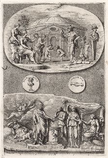 Рельефы с Меркурием в палестре и сценой жертвоприношения.  "Iconologia Deorum,  oder Abbildung der Götter ...", Нюренберг, 1680. 