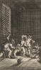 Гудибрас получает наставление. Вдова узнает, что Гудибрас увлечен не ею, а её деньгами. Она поручает слугам преподать ему урок морали. Иллюстрация к поэме «Гудибрас». Лондон, 1732