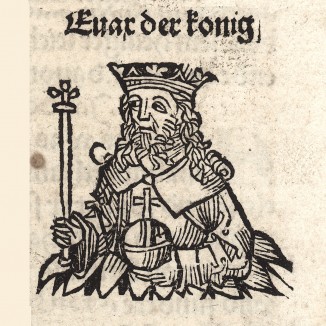 Царь Эвакс (I век н.э.). Ксилография Михаэля Вольгемута из знаменитой первопечатной книги Хартмана Шеделя "Всемирная хроника", также известной как "Нюрнбергские хроники". Die Schedelsche Weltchronik (Liber Chronicarum). Нюрнберг, 1493