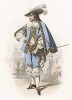 Моды при дворе короля Людовика XIII. Костюм дворянина: камзол, кружевной воротник, жабо, муфта, кюлоты из бархата и с кружевами, чулки и башмаки на каблуке.