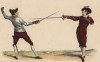 Испанская стойка фигуры А, атакуемая из французской стойки (лист 43 знаменитого учебника по фехтованию Доменико Анджело, изданного в 1763 году в Лондоне). Репринт 1968 года.