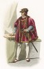 Эпоха Возрождения. Наряд дворянина при дворе короля Франции Людовика XI: распашной камзол, отороченный мехом, трико, тупоносая обувь - «медвежья лапа» - с прорезями и вышивками.
